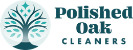 A logo for polished oak cleaners with a tree in the center