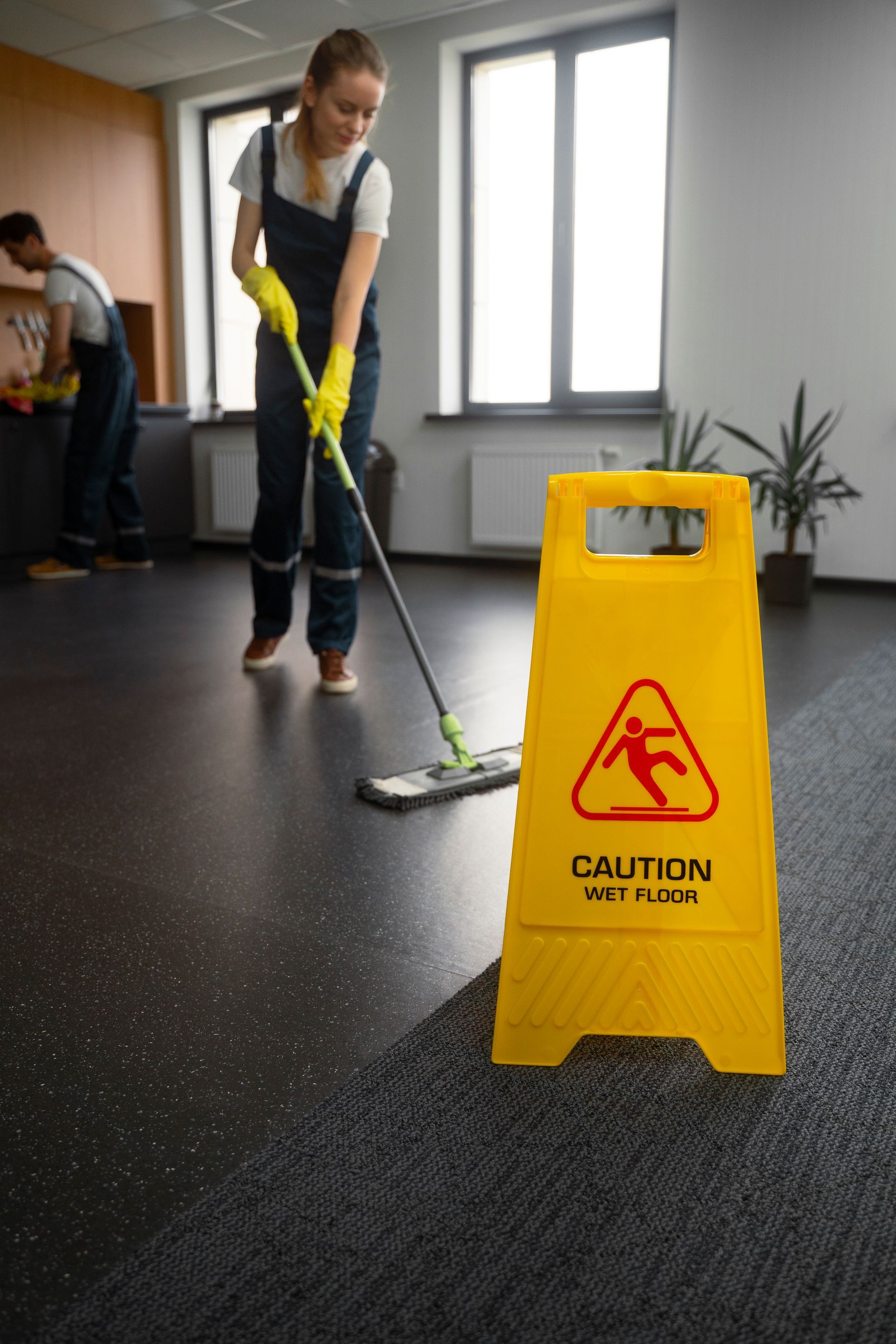 Woman mopping floor near a wet floor sign in an office setting.