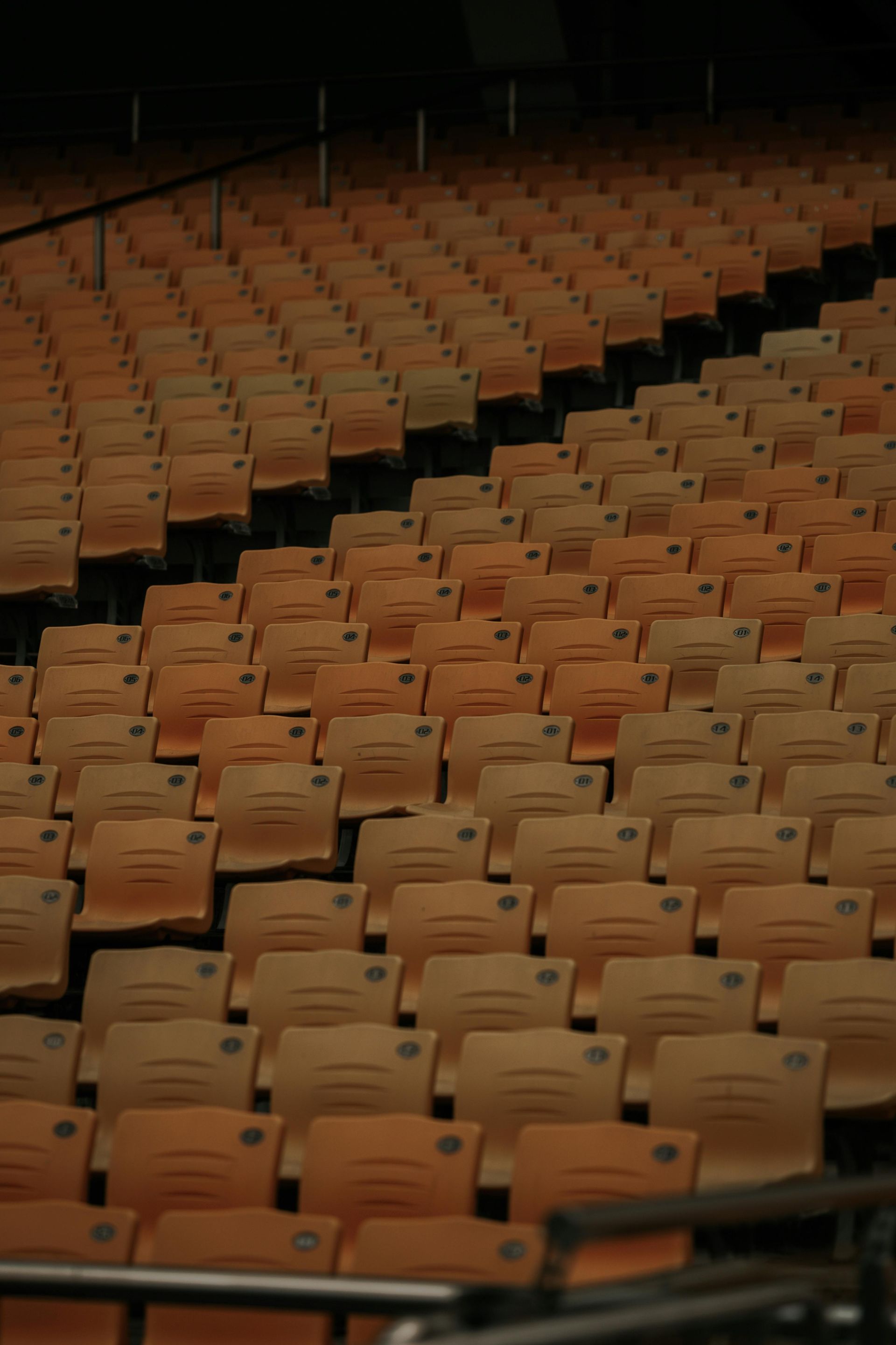 Rows of empty wooden seats in an auditorium