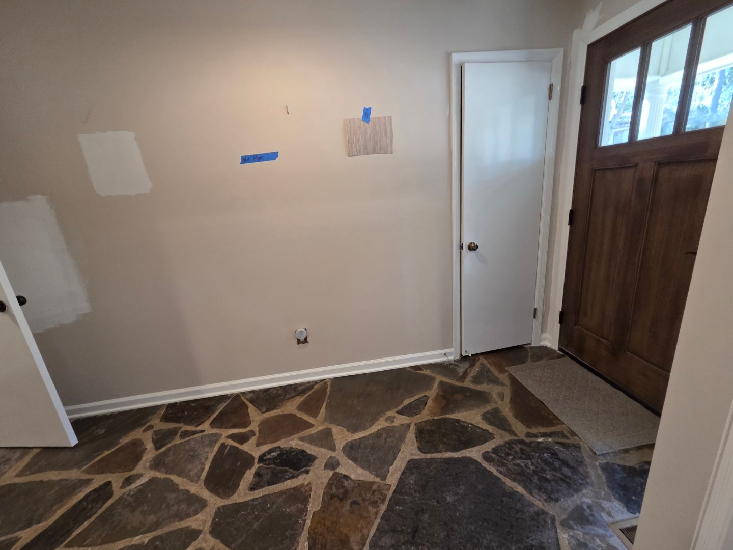 Detailed post-construction cleaning of new stone floor following a construction project in Auburn, Alabama on Ferndale Circle