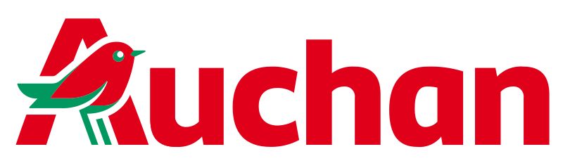 Un logo rouge et vert pour auchan avec un oiseau dessus