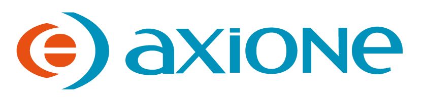 Un logo bleu et orange pour axione sur fond blanc