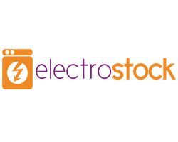 Le logo d'Electrostock est orange et violet et comporte un éclair.