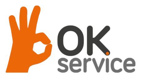 Un logo pour un service ok avec une main orange donnant un signe ok