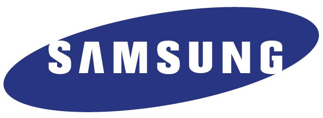 Le logo Samsung est bleu et blanc sur fond blanc.