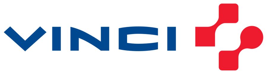 Le logo vinci est bleu et rouge sur fond blanc.