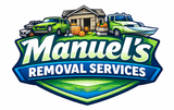 Logo for Manuel's Removal Services featuring a shed, vehicles, and stacked items in green and blue.