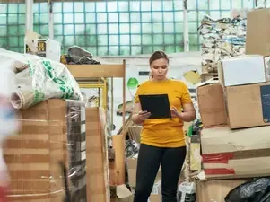 Woman in yellow shirt, black pants, holding a tablet, amidst stacks of boxes in a warehouse.