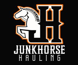 Logo for Junkhorse Hauling, featuring a white horse head next to orange stylized "JH" and text "Junkhorse Hauling."