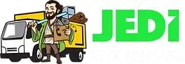 Jedi moving service logo: Cartoon Jedi with a lightsaber loads a truck with boxes. Green
