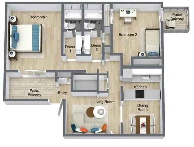 Apartment floor plan with bedroom, bathroom, kitchen, dining room, living room, and two patios/balconies.