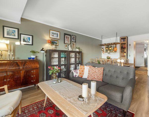 Cozy living room with gray sofa, coffee table, red rug, and wooden cabinets along the wall