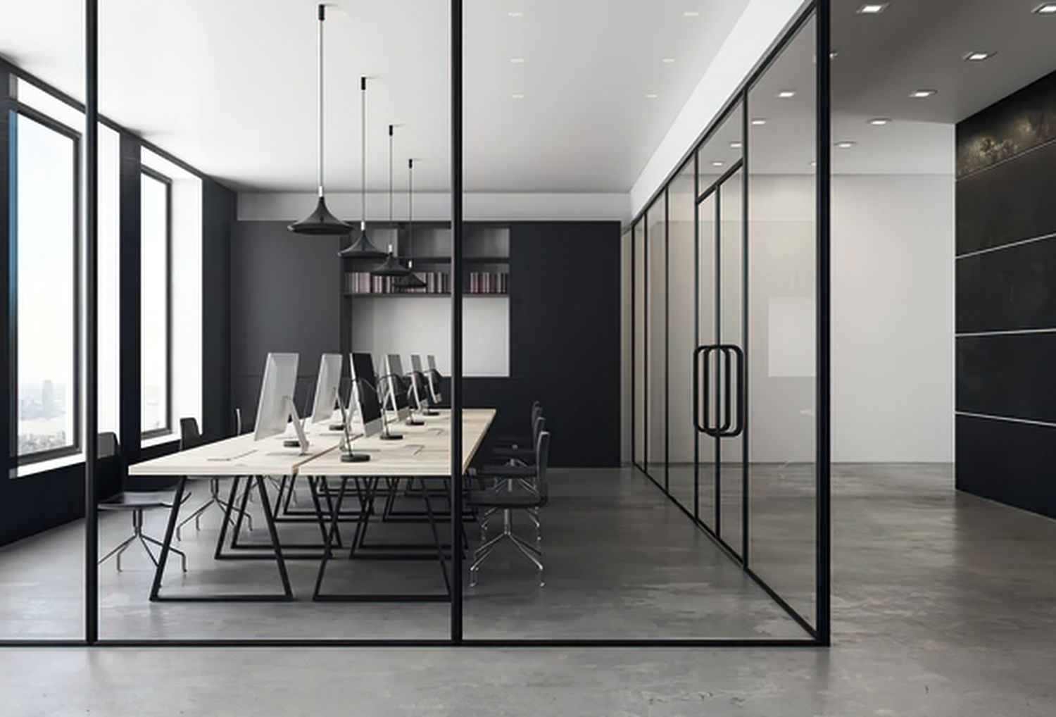 Modern glass-walled conference room with long table, black chairs, and minimalist decor
