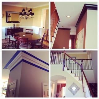 Four interior photos of a home: dining room, hallway, and staircase with beige walls and dark trim