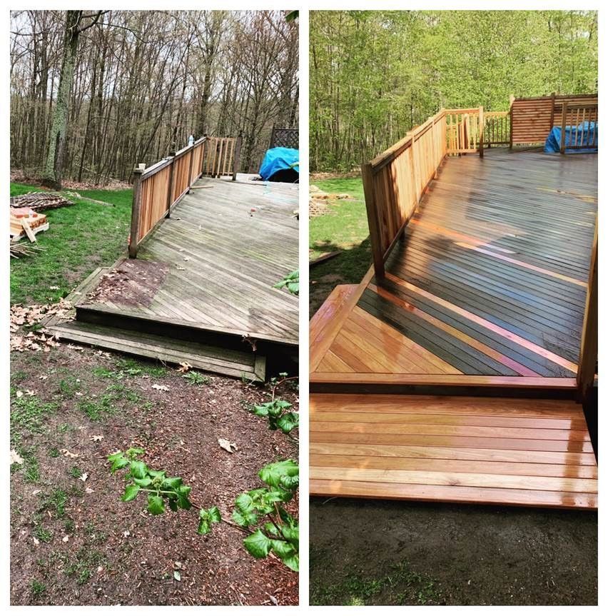 Before-and-after deck repair: a damaged wooden deck replaced with a smooth, newly finished deck.
