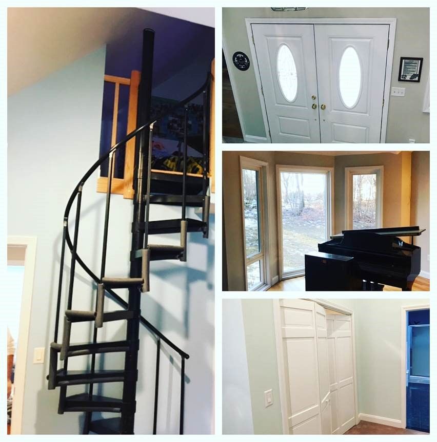 Collage of a spiral staircase, white front doors, bay window, and hallway closet in a home