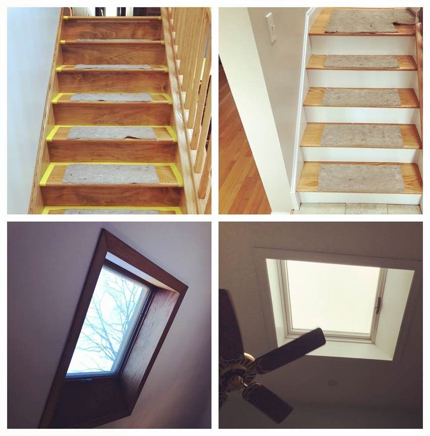 Collage of stair and ceiling openings, showing steep wooden steps and skylights/attic windows.