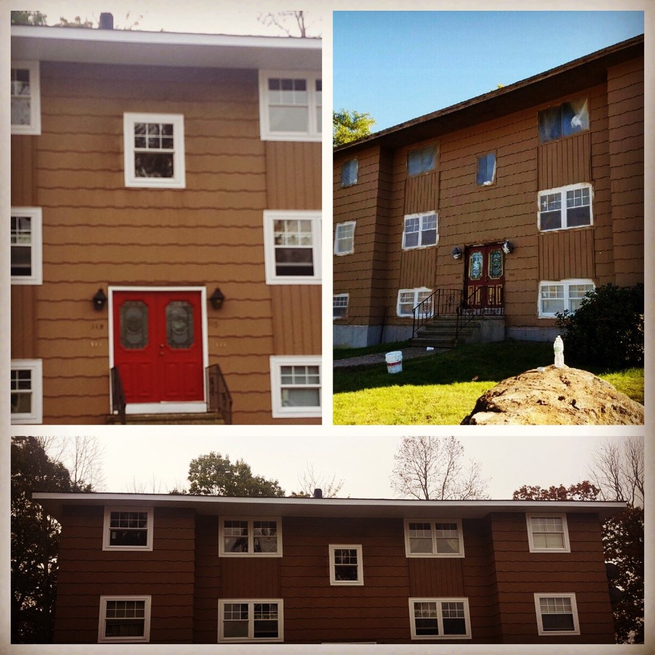 Collage of a brown apartment building with white-trimmed windows and red double doors in daylight