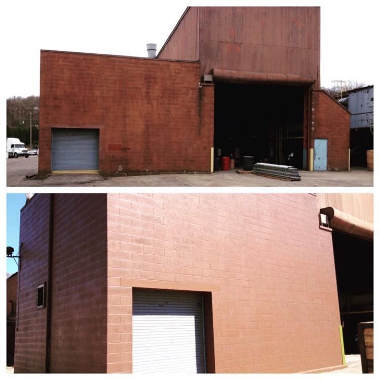 Brick industrial building with a large open loading bay and metal garage doors, shown from two angles.