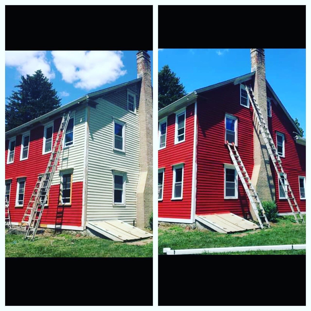 Red-sided house with cream trim, shown in two side-by-side views under a blue sky.