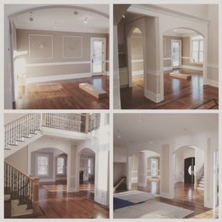 Collage of a bright, empty home interior with arched openings, white trim, and hardwood floors