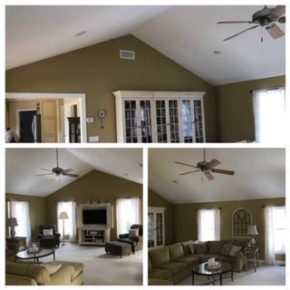 Collage of a living room with vaulted ceiling, olive walls, ceiling fans, fireplace, and sectional sofa