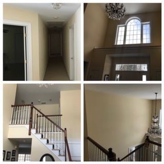 Collage of a beige two-story home interior showing hallway, staircase, and tall arched window.