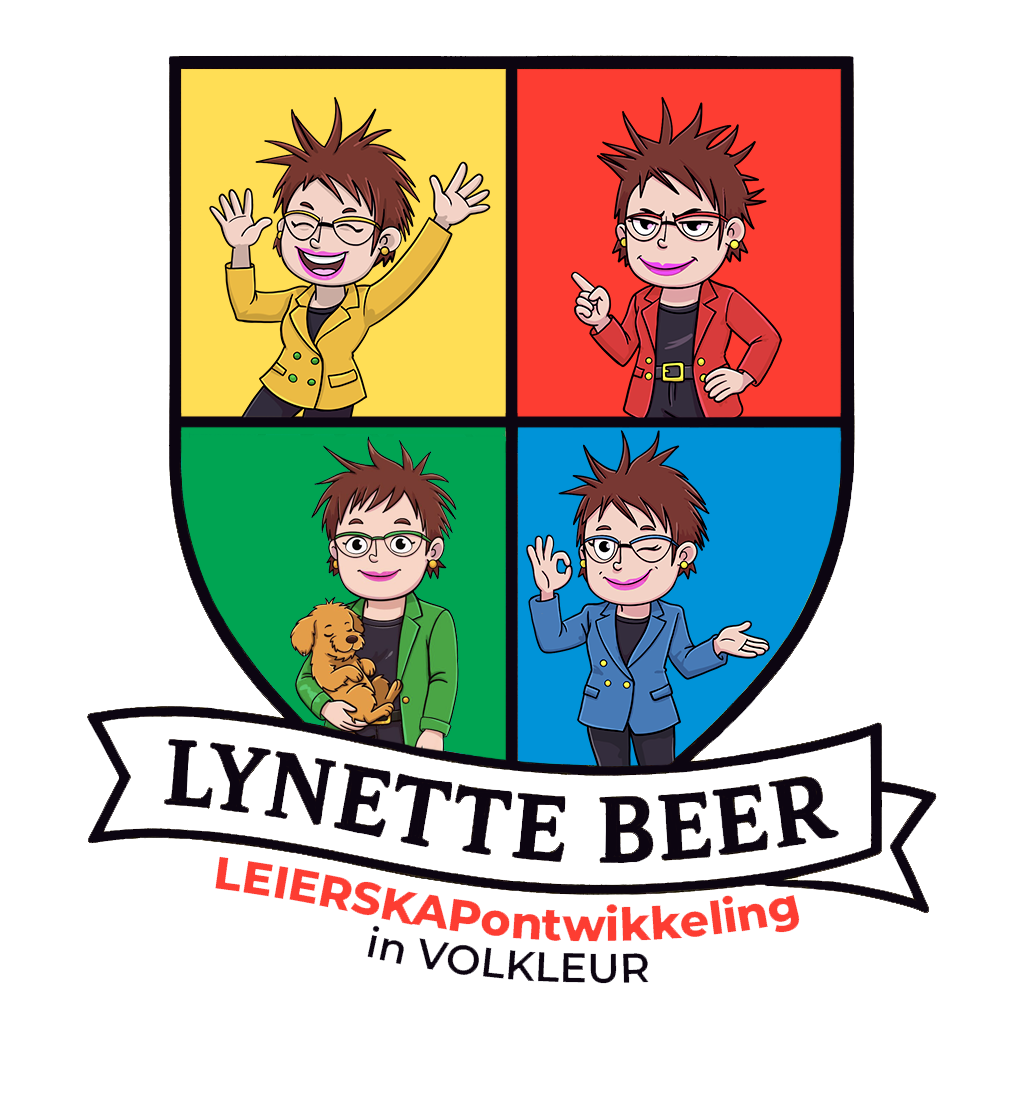 Colorful four-panel logo with cartoon figure and text “Lynette Beer, Leierskapontwikkeling in Volleuur”