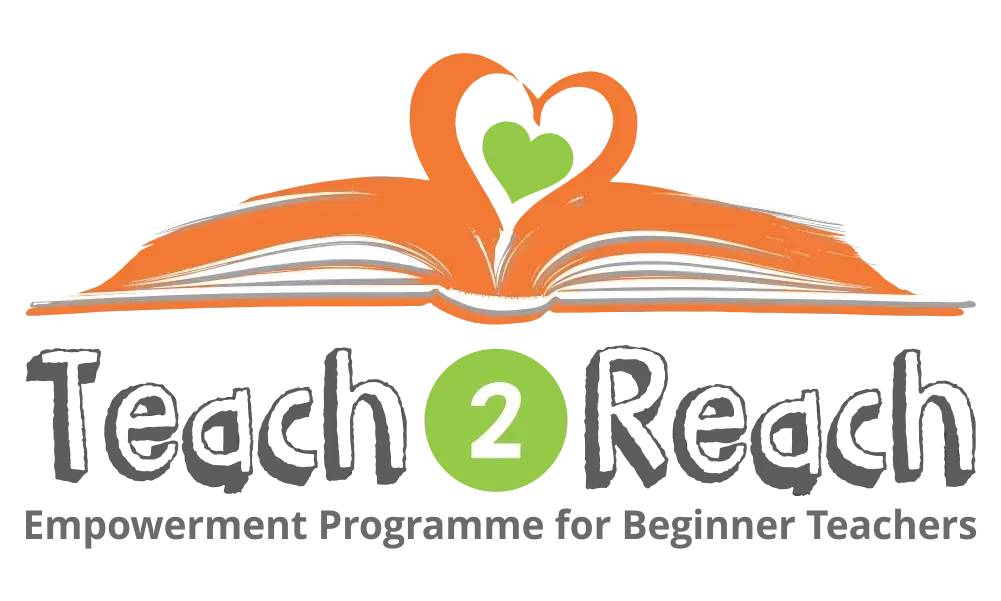 Logo for Teach 2 Reach, featuring an orange open book topped by a green heart, with the program name and subtext.