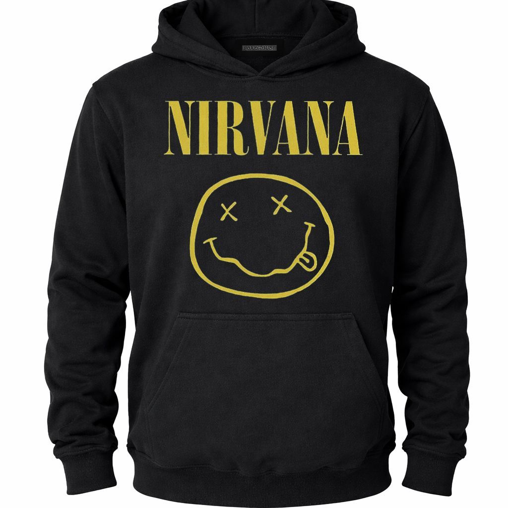 Sudadera negra con capucha de Nirvana con logo amarillo y estampado de carita sonriente en la parte delantera.
