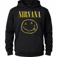 Sudadera negra con capucha de Nirvana con logo amarillo y estampado de carita sonriente en la parte delantera.