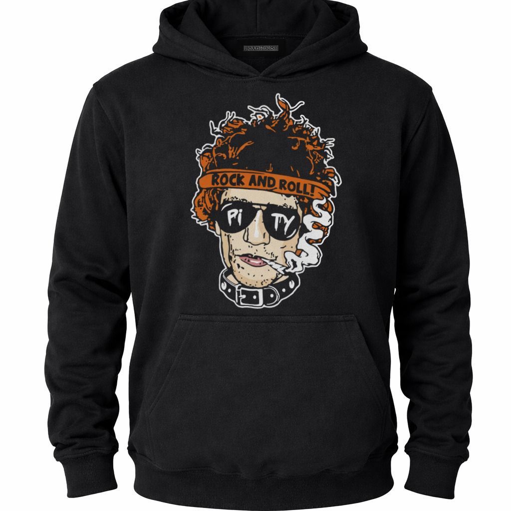 Sudadera negra con capucha con un colorido gráfico de una calavera de rock and roll y texto naranja en el pecho.