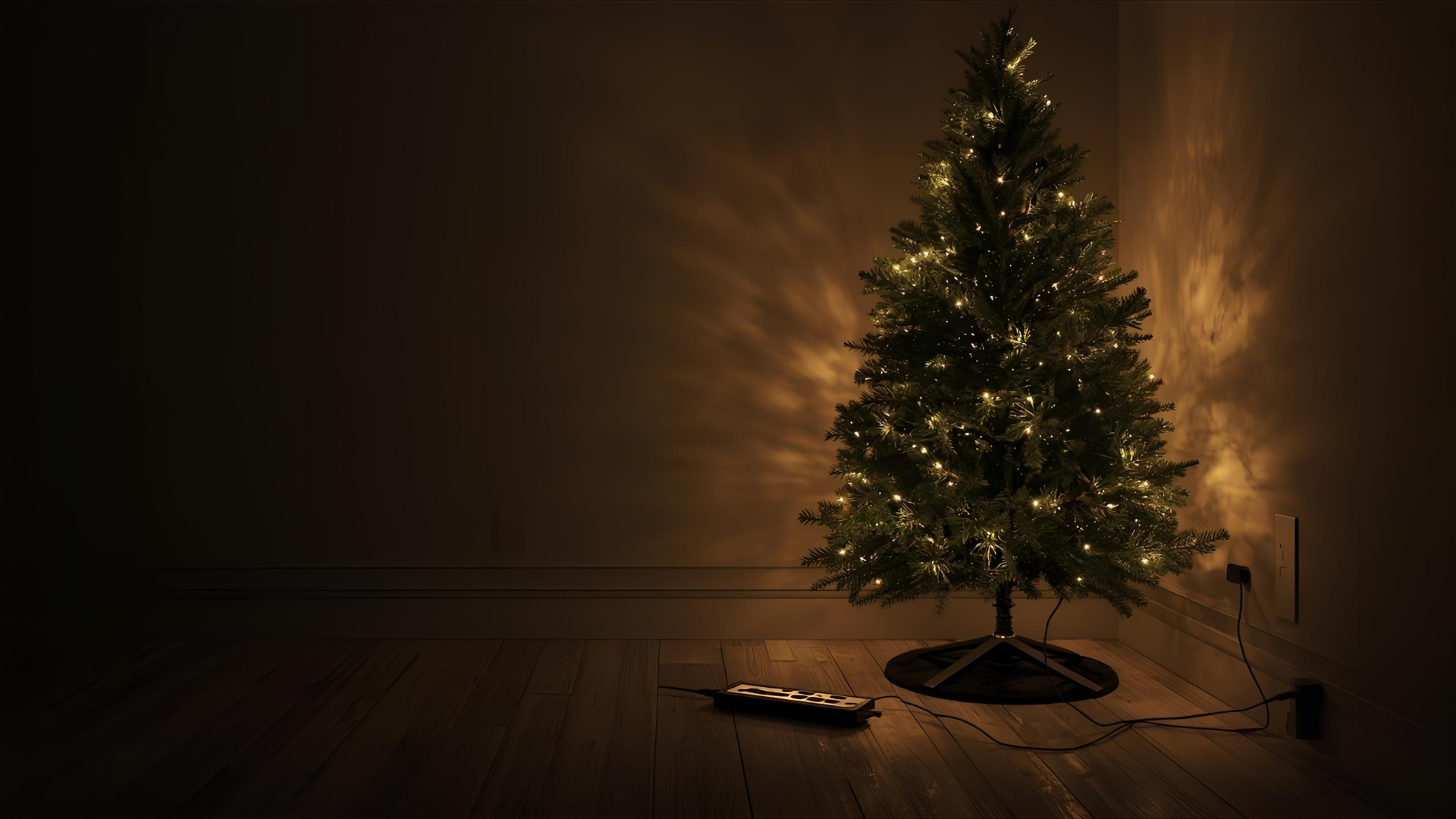 Albero di Natale illuminato con luci LED e presa multipla appoggiata sul pavimento.