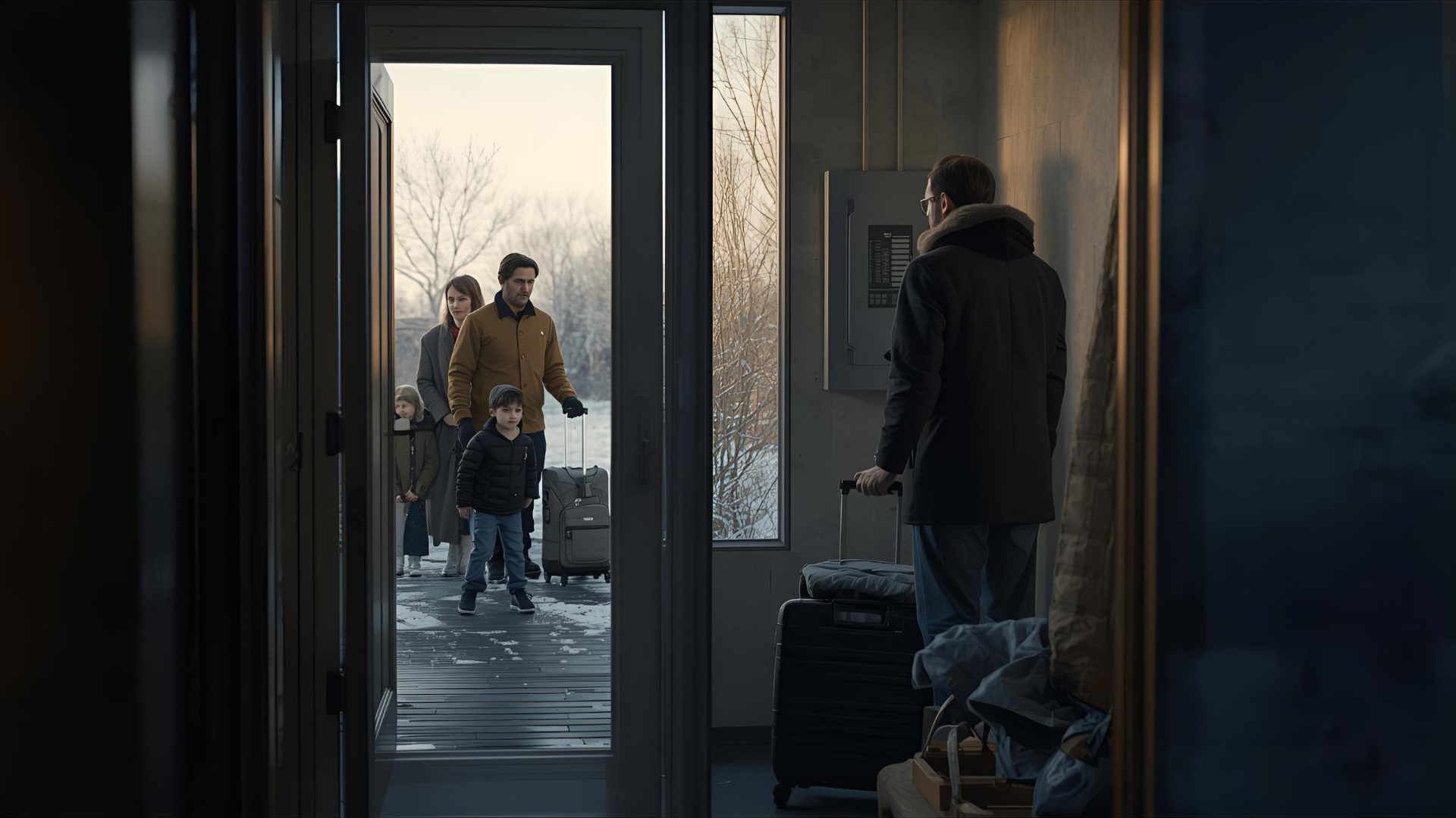 Famiglia fuori casa sulla neve mentre il papà, dall’ingresso, guarda il quadro elettrico.