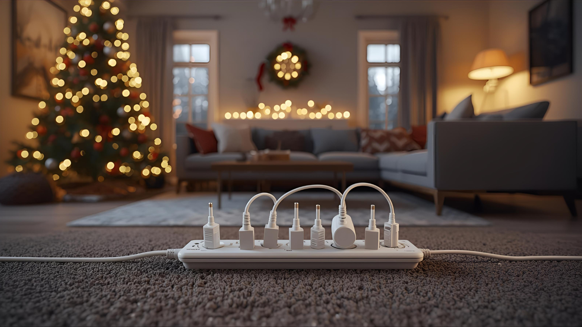 Salotto natalizio con ciabatta bianca a terra e varie spine collegate in primo piano.