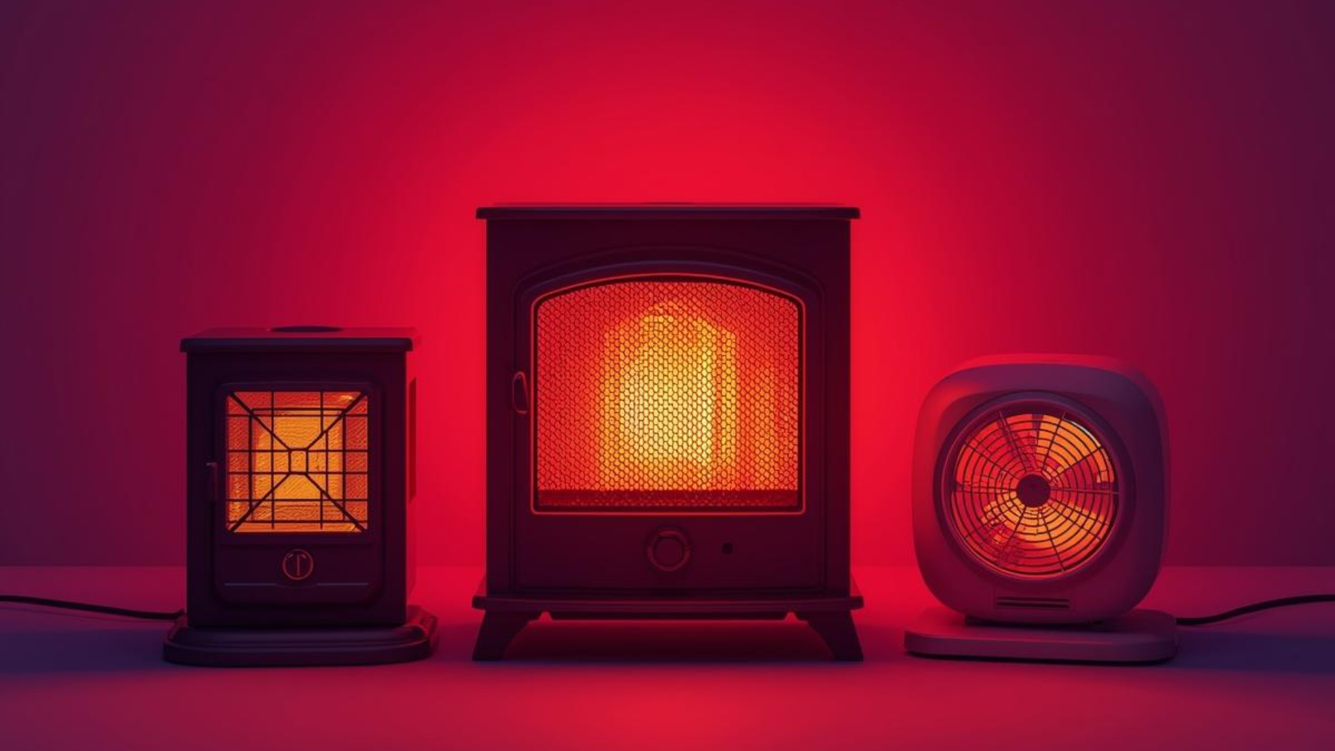 Tre stufe elettriche illuminate in ambiente minimale con luce calda e toni rossi.