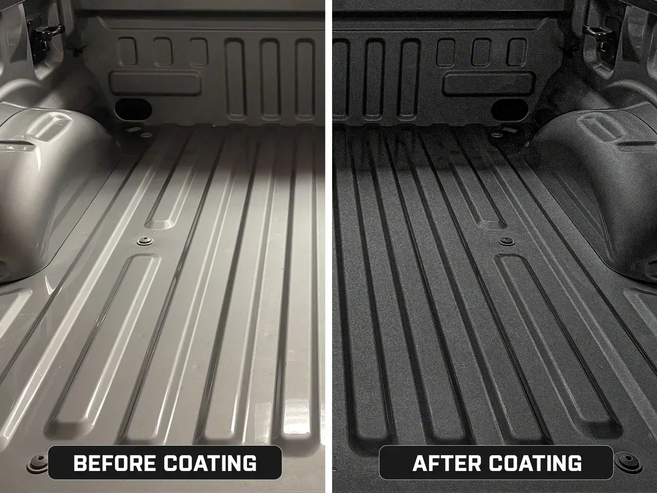 Comparison of a truck bed before and after a bedliner coating; the coated bed is dark gray and textured.