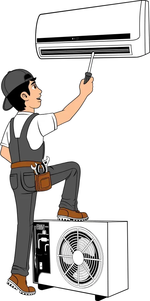 A man is fixing an air conditioner with a screwdriver.