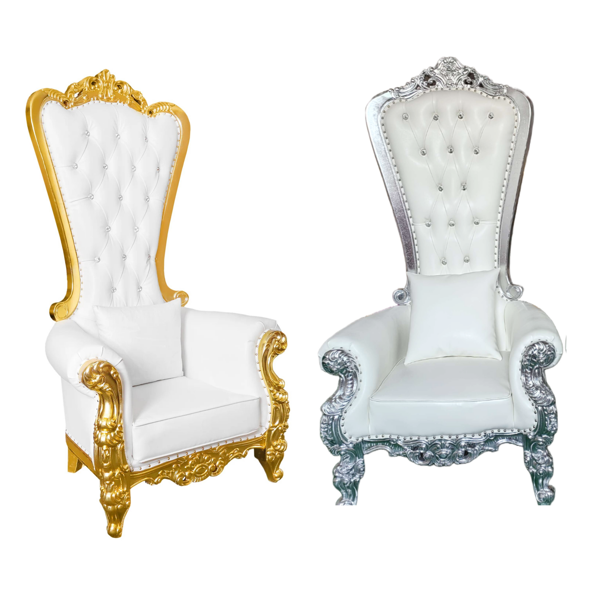 Two chairs , one white and one gold , are sitting next to each other on a white background.