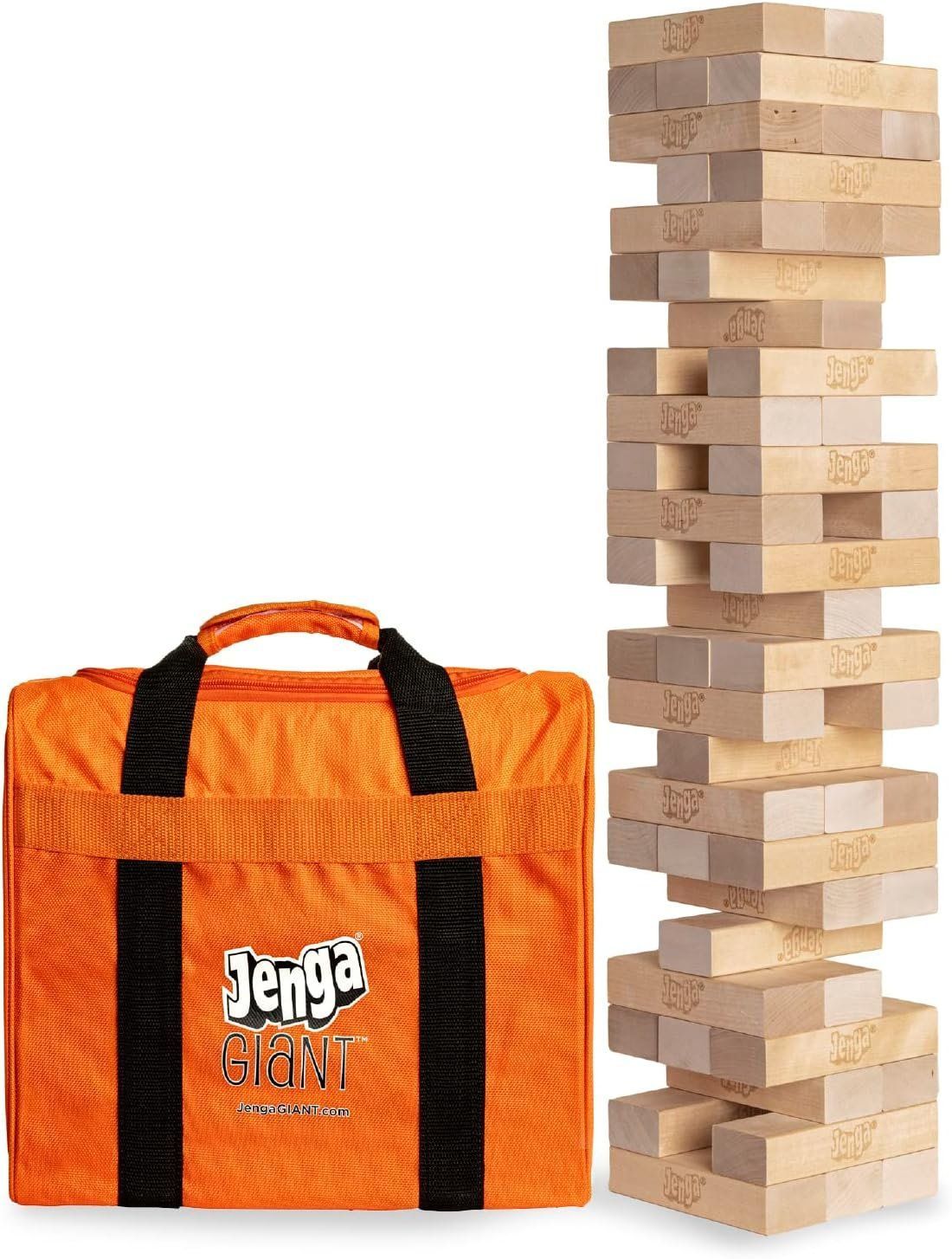 A jenga tower is sitting next to an orange bag.