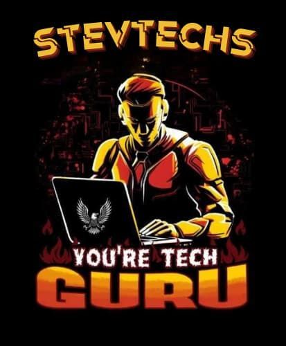 Stevetechs you 're tech guru poster with a man using a laptop