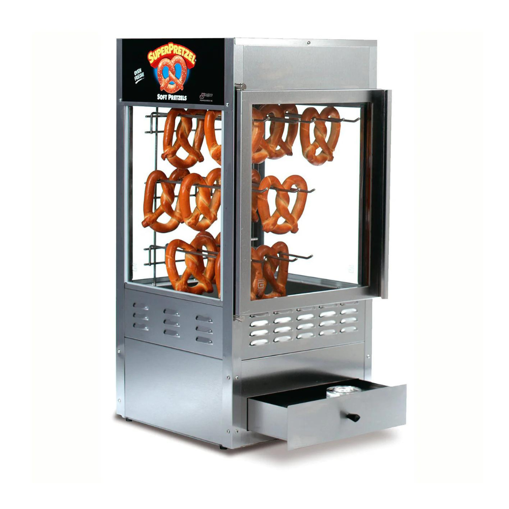 A pretzel warmer with a drawer underneath it