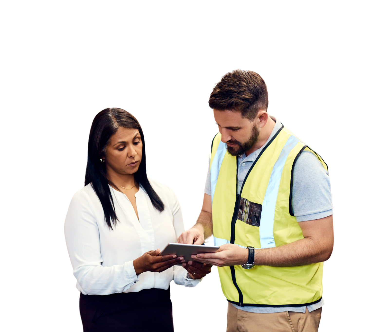 A man and a woman are looking at a tablet together.