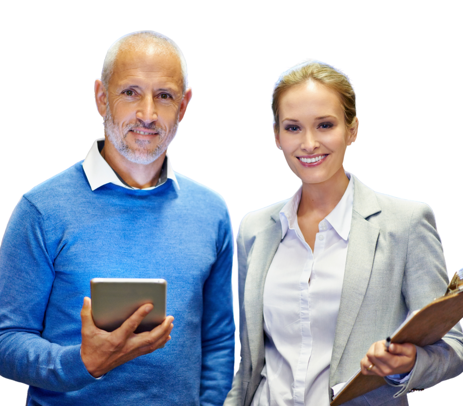 A man is holding a tablet and a woman is holding a clipboard