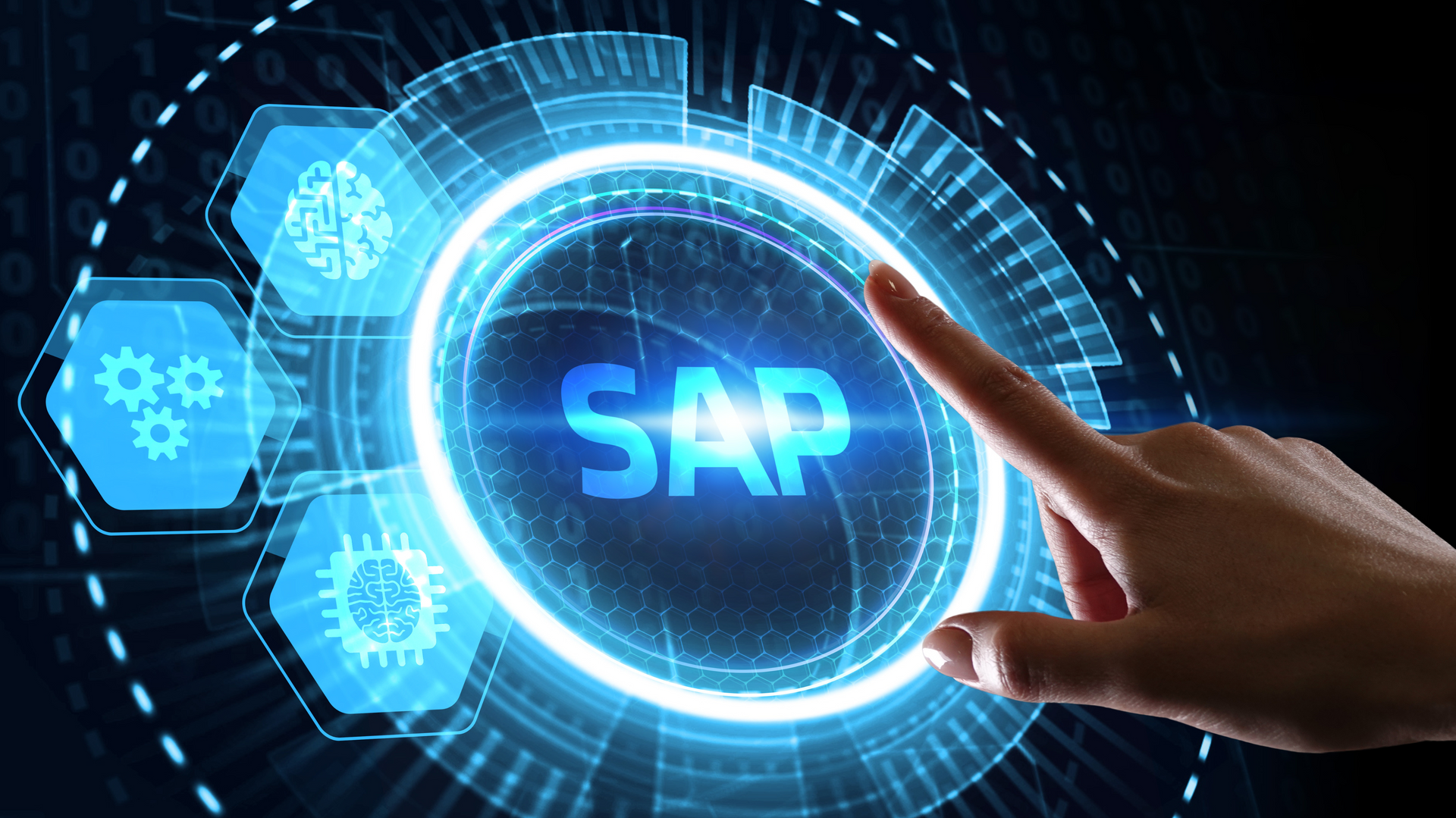 A hand is pointing at the word sap on a futuristic screen.