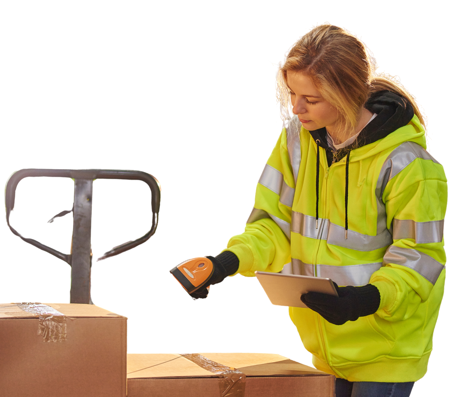 A woman in a yellow safety jacket is scanning a box