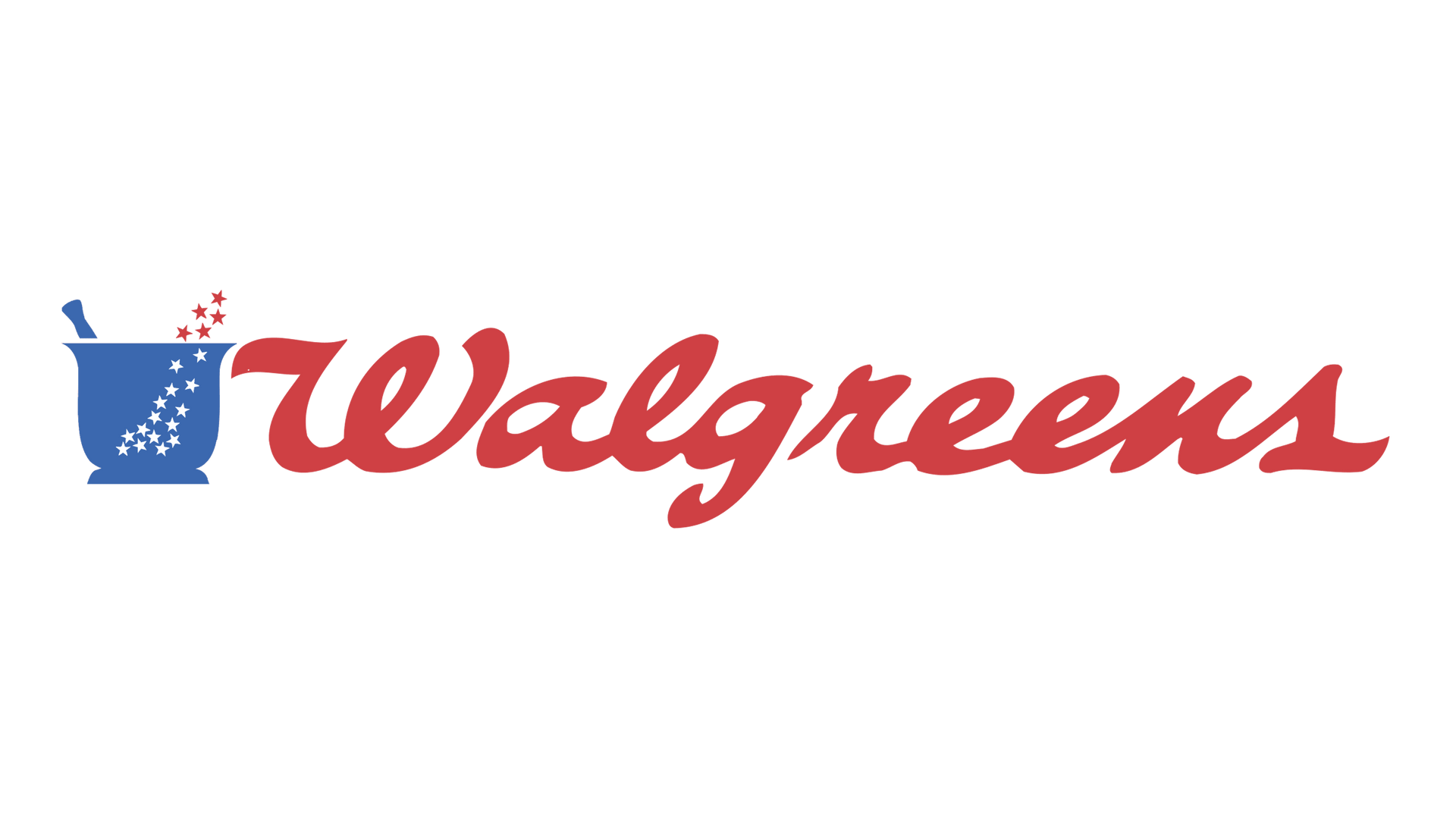 The walgreens logo is red , white and blue with a mortar and pestle.