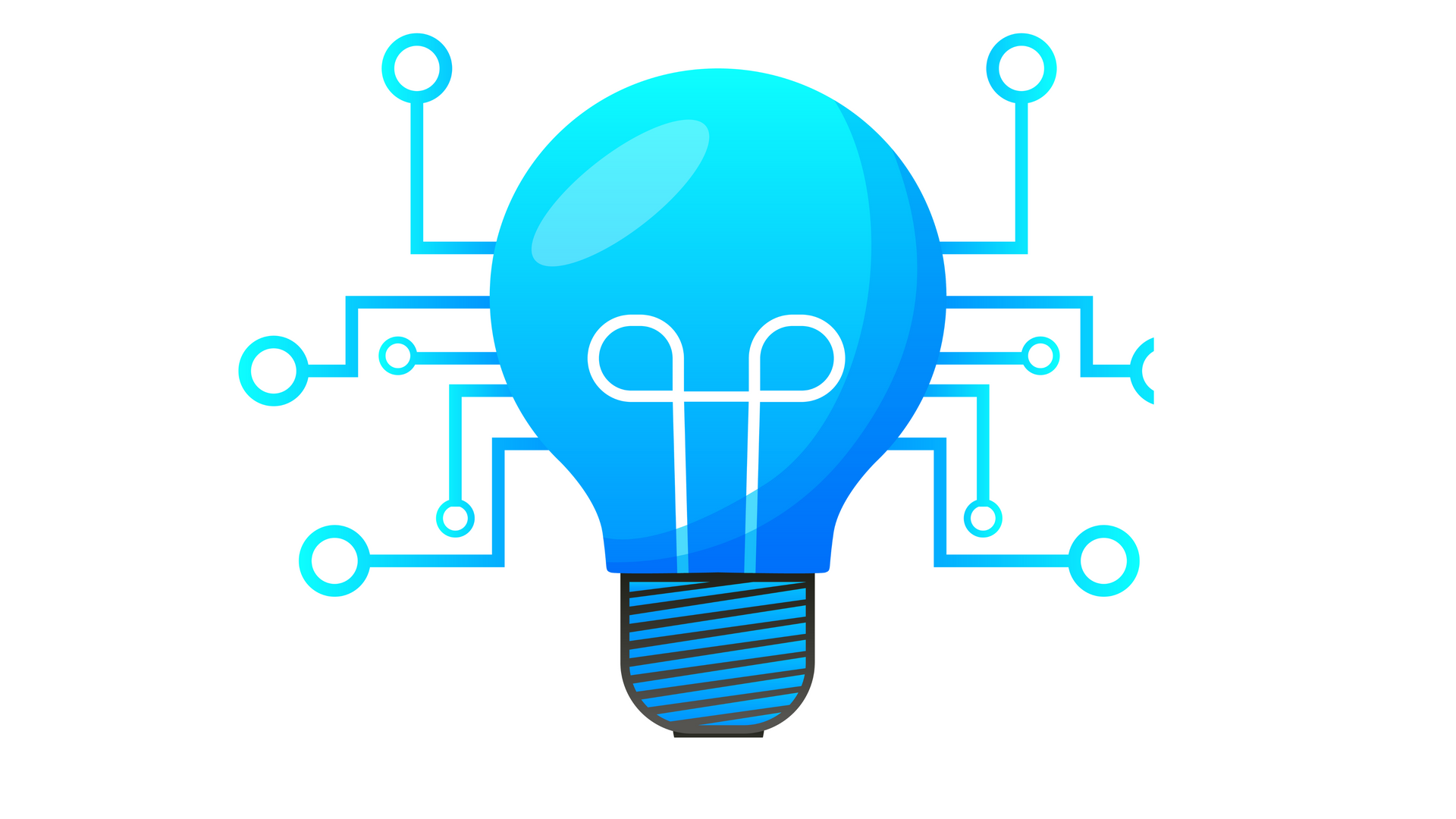 A blue light bulb with circuit lines around it on a white background.