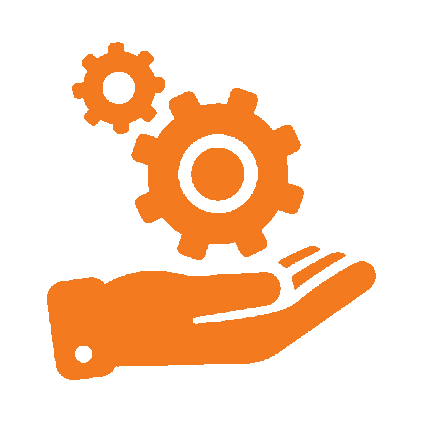 An orange icon of a hand holding gears.