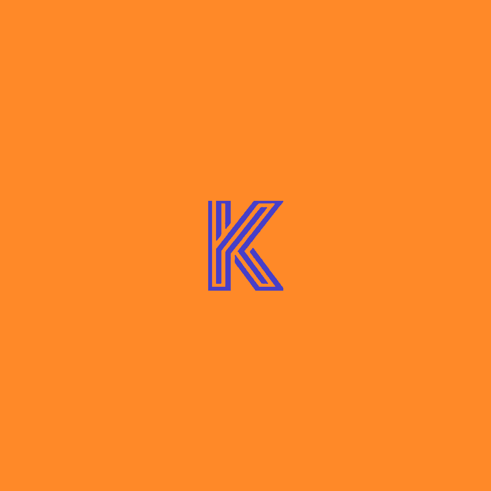 A blue letter k on an orange background.